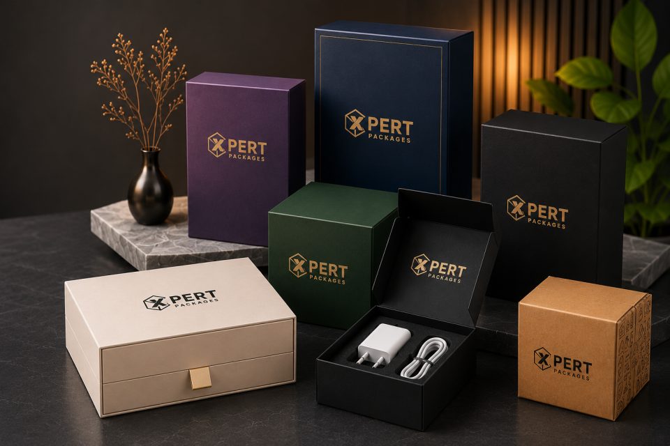 Custom packaging boxes including rigid, mailer, and folding carton styles